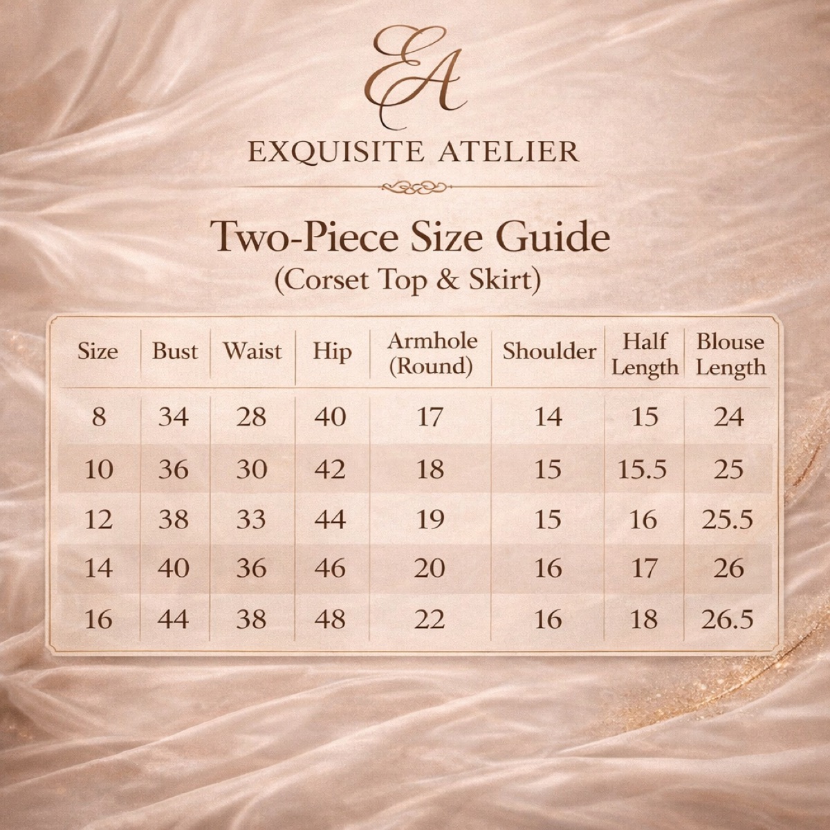 Exquisite Atelier Two-Piece Size Guide